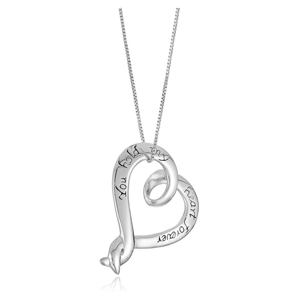 LA Rocks Jewelry - Sterling Silver "You Hold My Heart Forever", Heart Pendant Necklace, 18"